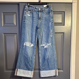 AE Super High-Waisted Baggy Wide-Leg Cuffed Ripped Jean- 4S